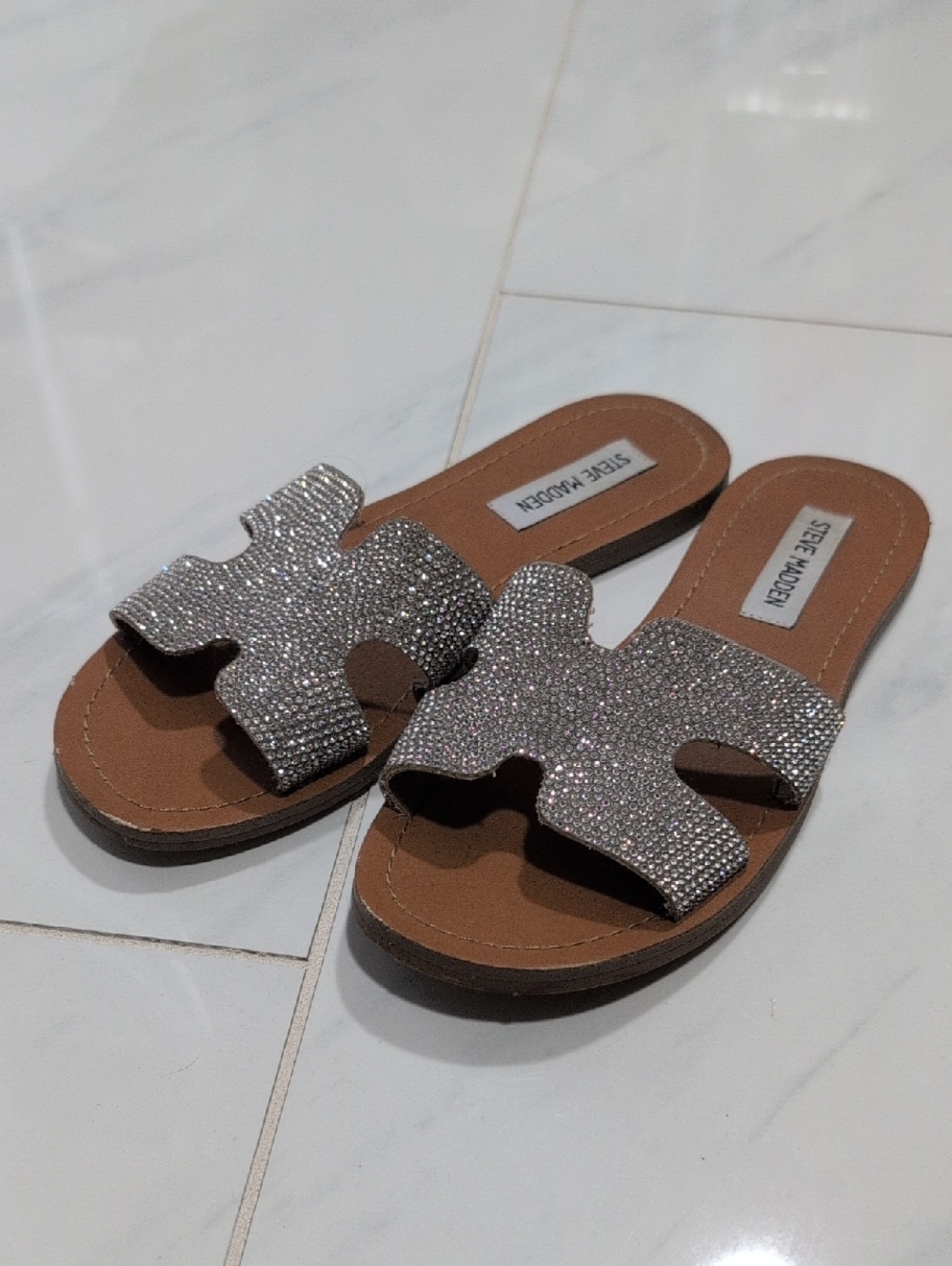 Steve Madden Crystal Embellished Silver Slide Sandals for Women